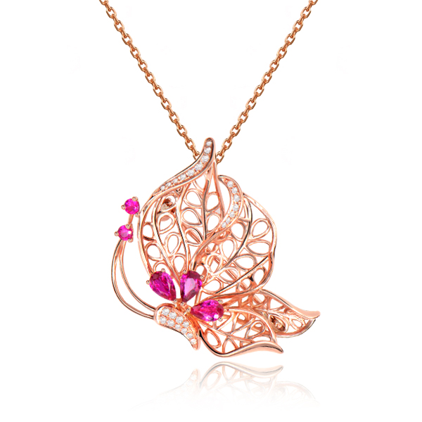 0.755克拉红宝石 14分钻石吊坠胸针两用款