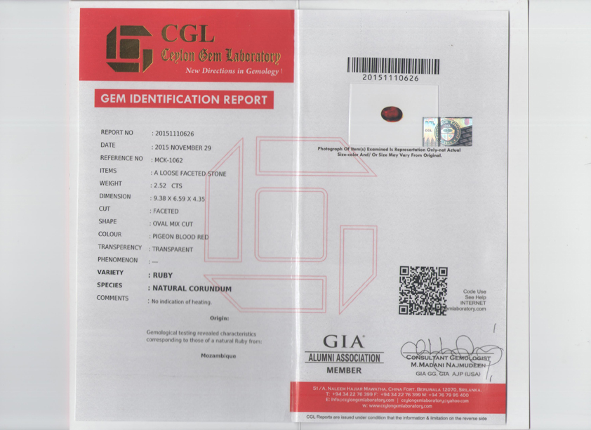 52克拉 无烧鸽血红宝石 cgl证书