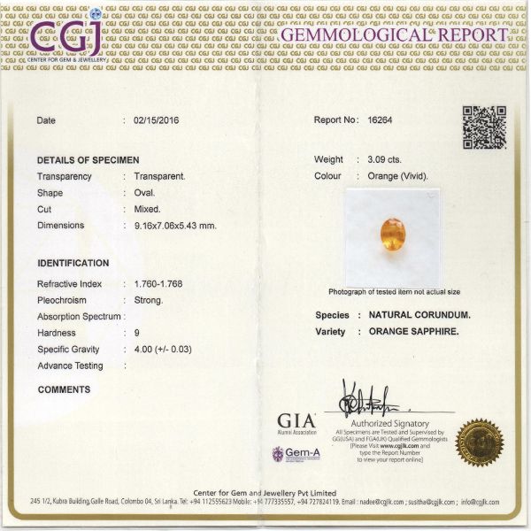 3.09克拉CGJ橙色蓝宝石