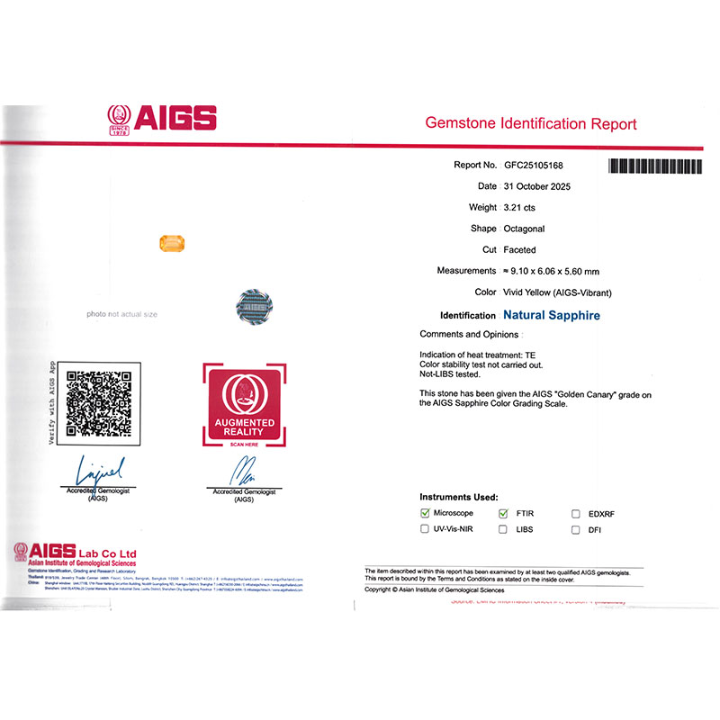 3.21克拉AIGS金丝雀蓝宝石