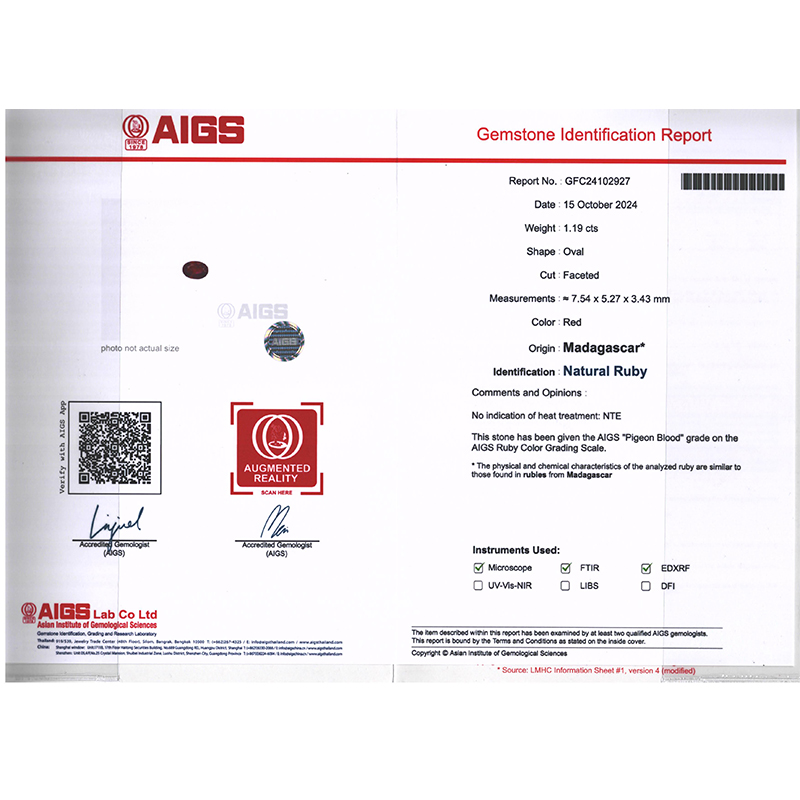 1.19克拉AIGS天然无烧鸽血红宝钻石吊坠