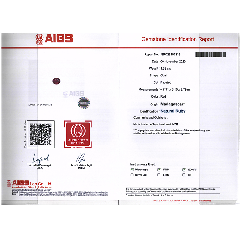 1.390克拉AIGS天然无烧红宝钻石吊坠