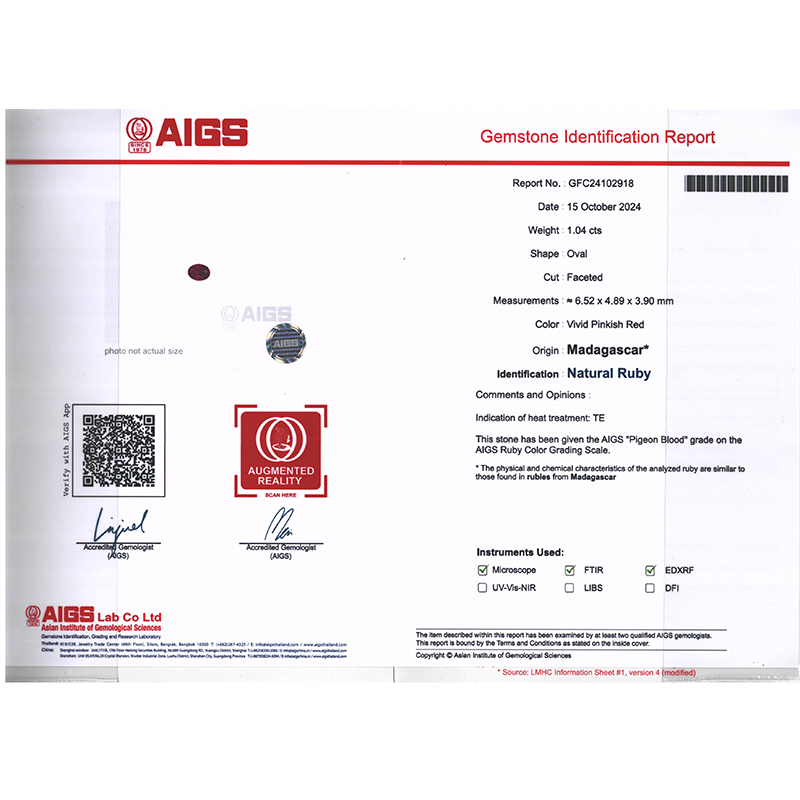 1.04克拉AIGS天然无烧鸽血红宝石钻戒