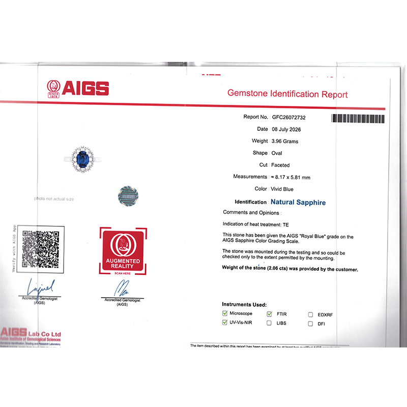 AIGS双证2.06克拉天然皇家蓝蓝宝石钻戒吊坠两用款